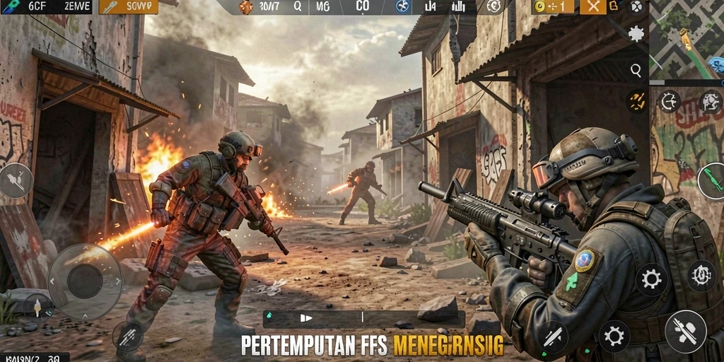 Screenshot 6CF menampilkan aksi pertempuran FPS yang mendebarkan.