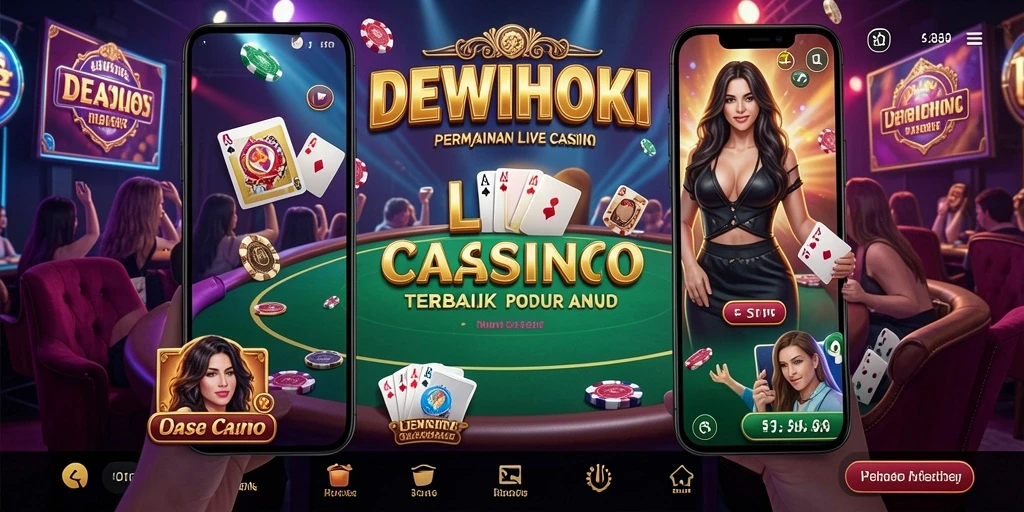 Screenshot gameplay DEWIHOKI menunjukkan dealer langsung yang profesional dan suasana kasino yang hidup.