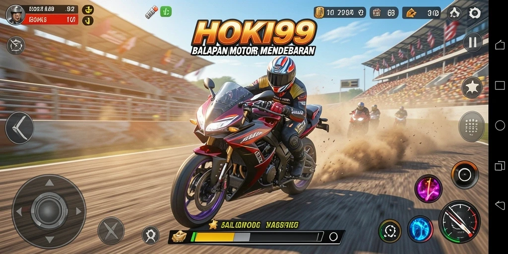 Gameplay HOKI99 yang seru di trek balapan motor.