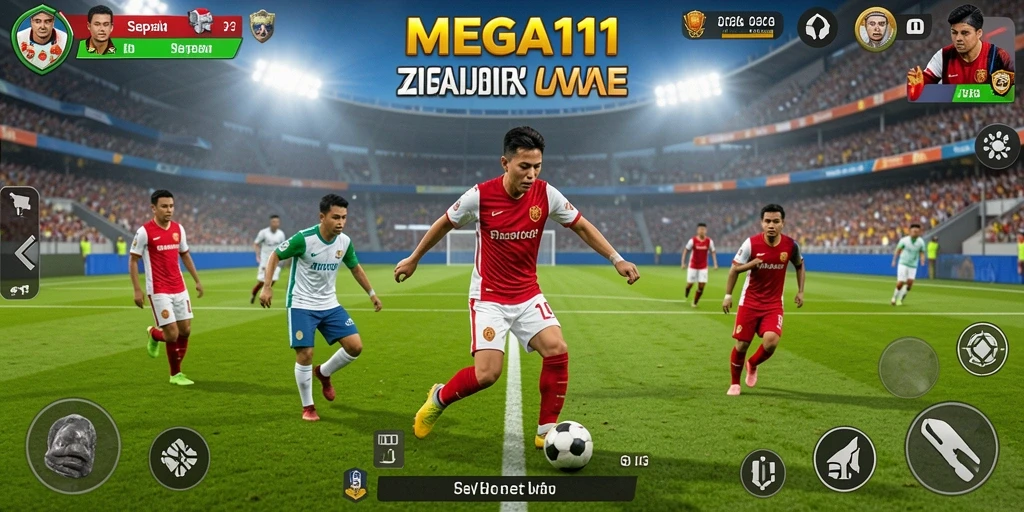 Screenshot MEGA111 menampilkan aksi pertandingan sepak bola intens.