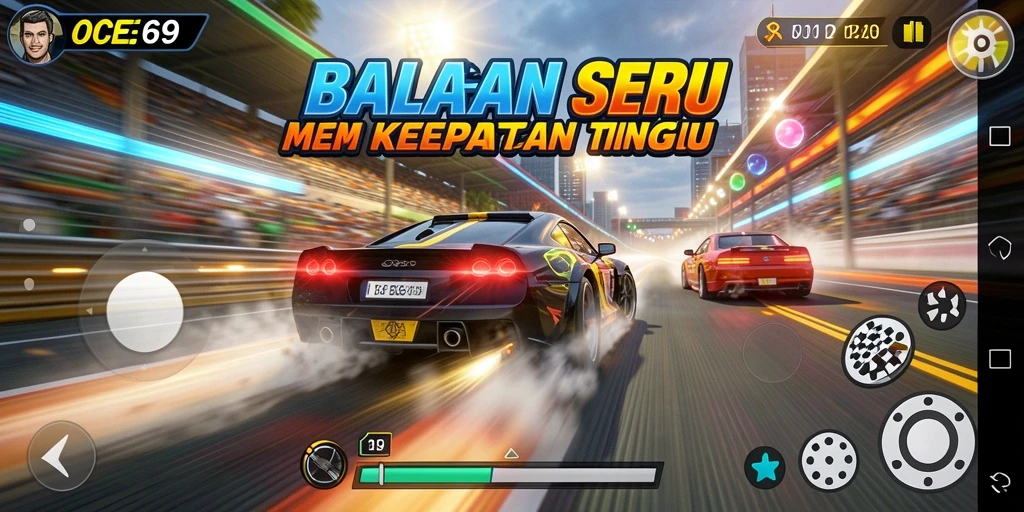 Screenshot gameplay OCE69 menampilkan momen balapan yang mendebarkan.