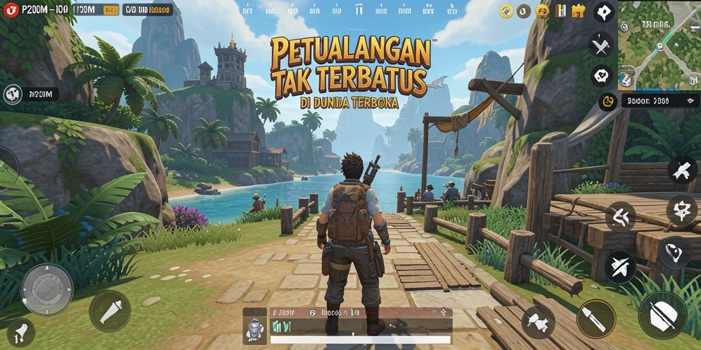Screenshot P200M menampilkan karakter menjelajahi dunia yang luas dan penuh petualangan.