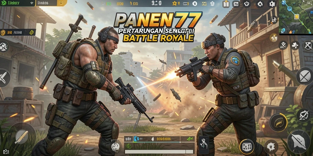Screenshot PANEN77 menampilkan aksi intens dalam pertempuran Battle Royale.