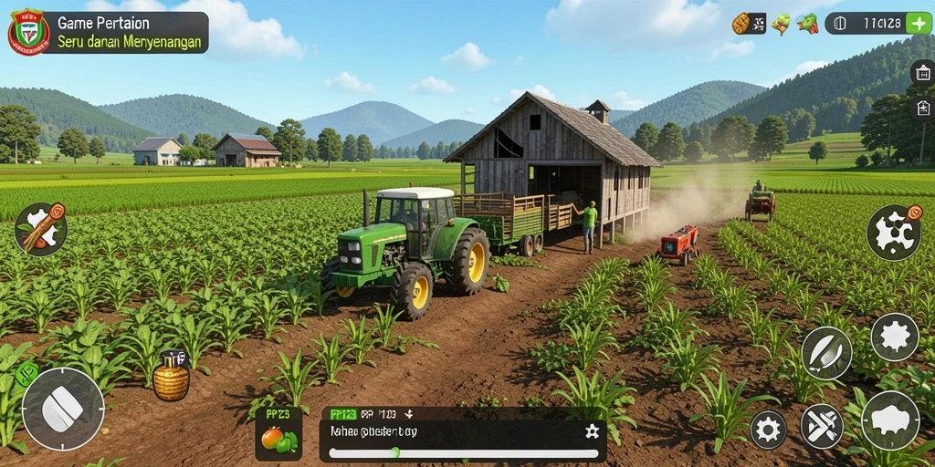 Tangkapan layar gameplay PP123 menampilkan ladang hijau subur dan hewan ternak.