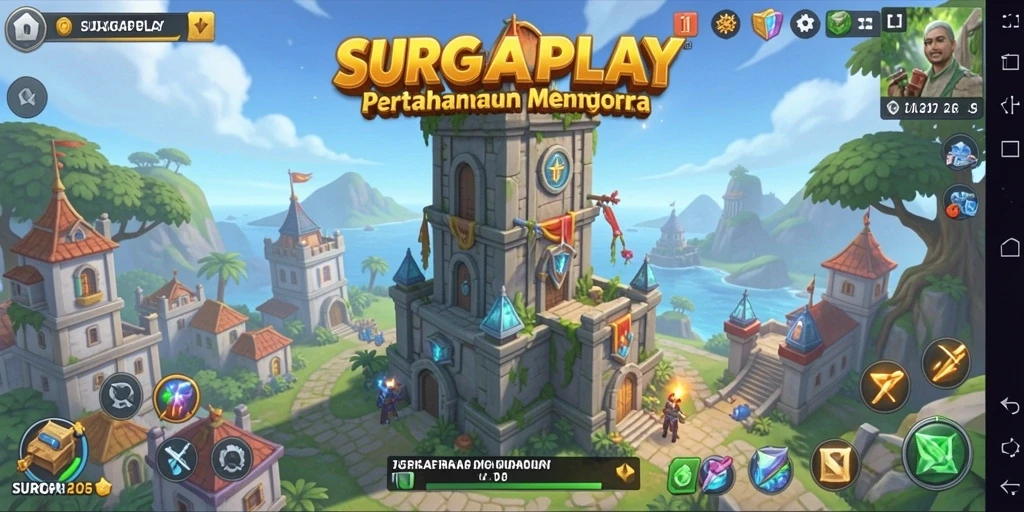 Gameplay SURGAPLAY menampilkan pertarungan menara melawan gelombang musuh yang agresif.