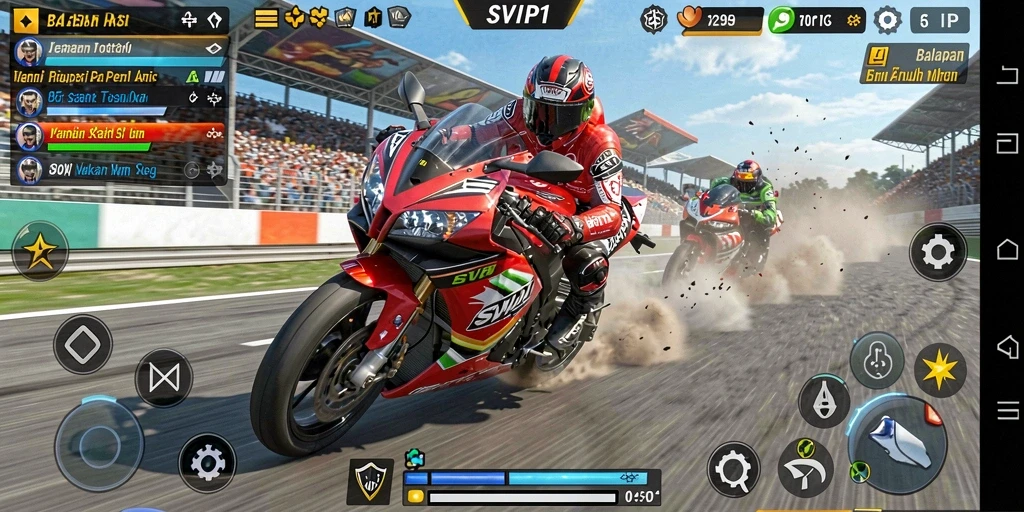 Tangkapan layar gameplay SVIP1 menunjukkan balapan motor yang mendebarkan.