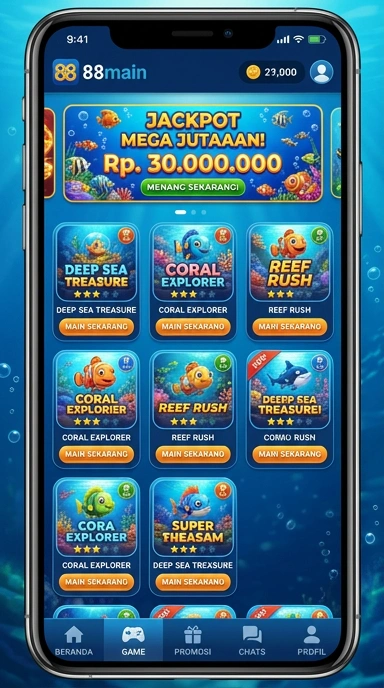 Tampilan utama aplikasi 88main dengan berbagai kategori.